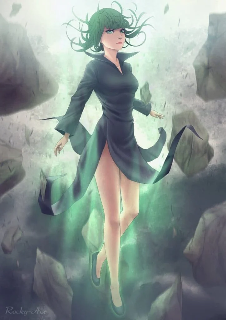 Fan art of Tatsumaki levitating with the rocks and pebbles while showing her green aura.