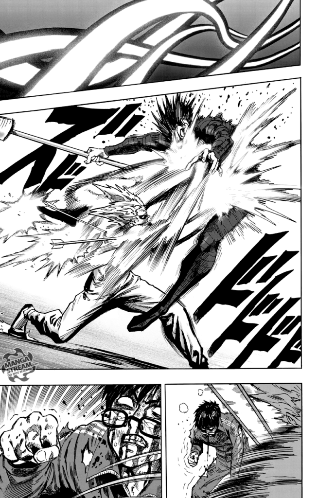 Garou attacks Stinger with more punches and strikes while Glasses prepares to punch him from behind.