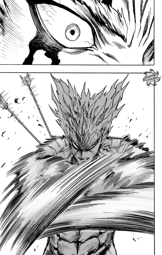 Garou intently stands and prepares his hands for a martial arts defense.