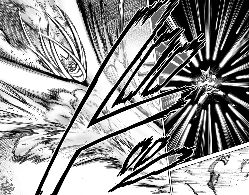 Garou deflects the machine gun bullets with his hands and martial arts.