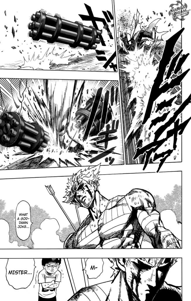 Death Gatling lands on his defeat. Garou stomps his machine gun and breaks it while Tareo appears behind Garou.