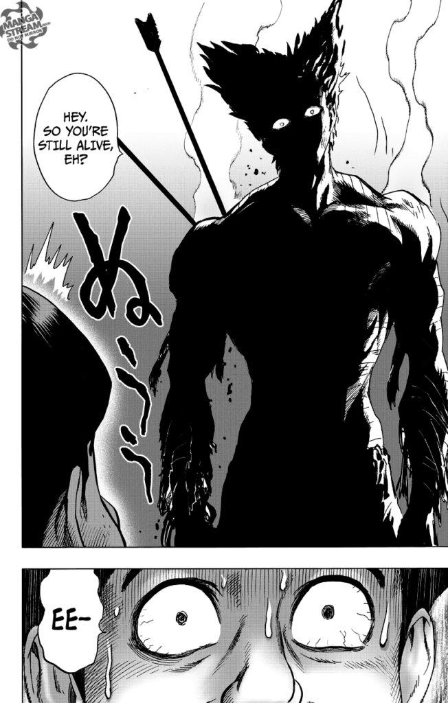 Garou looks at Tareo, who is now afraid, with a menacing look.