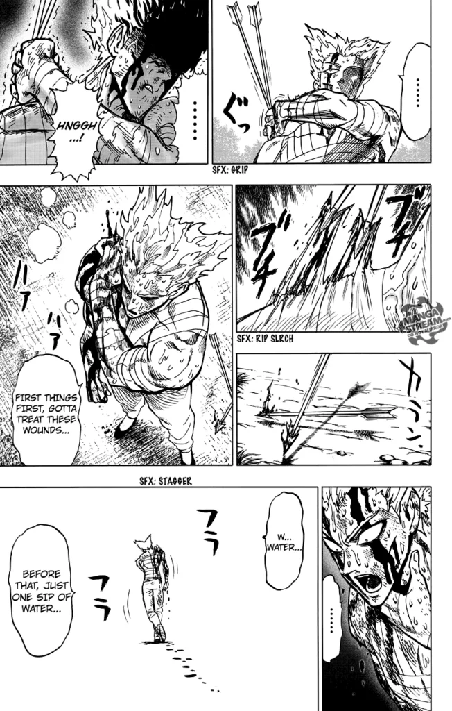 Garou pulls out the two arrows sticking on his back and looks for water while sweating and bathing from his own blood.