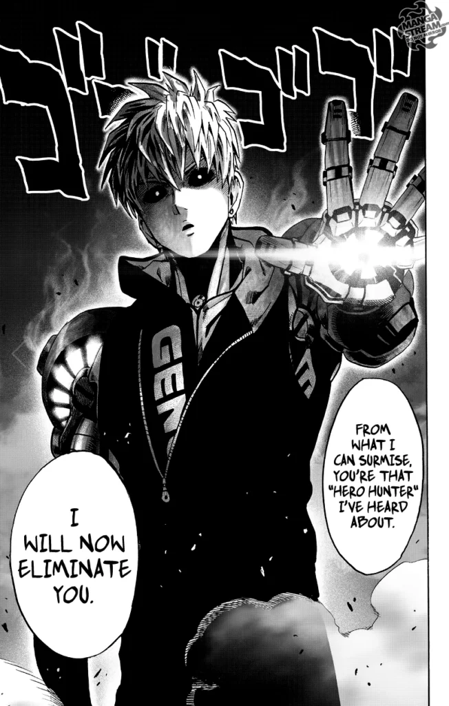 Genos appears with his palm weapon glowing and preparing to attack while pointing at Garou.