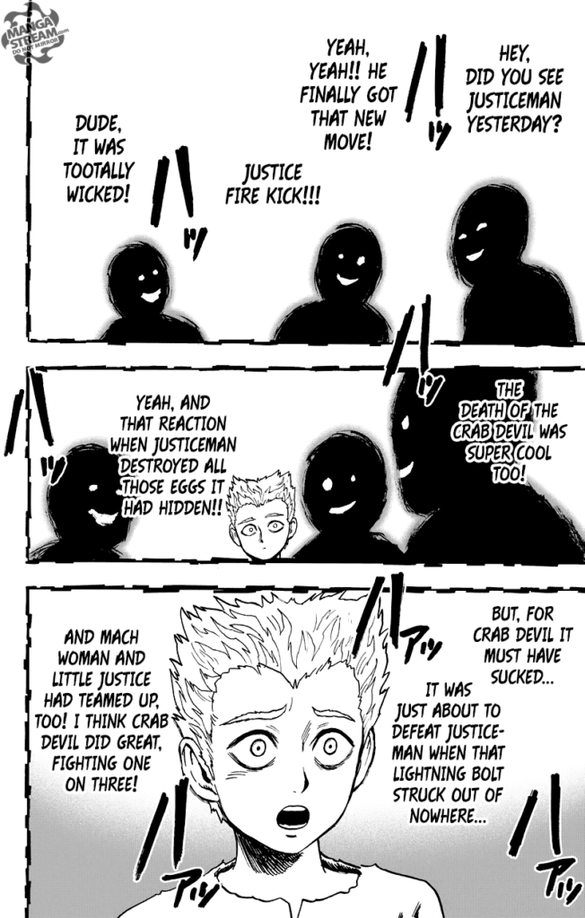 Garou remembers his time when he was a kid, and his friends discuss how Justiceman defeated Crab Devil.