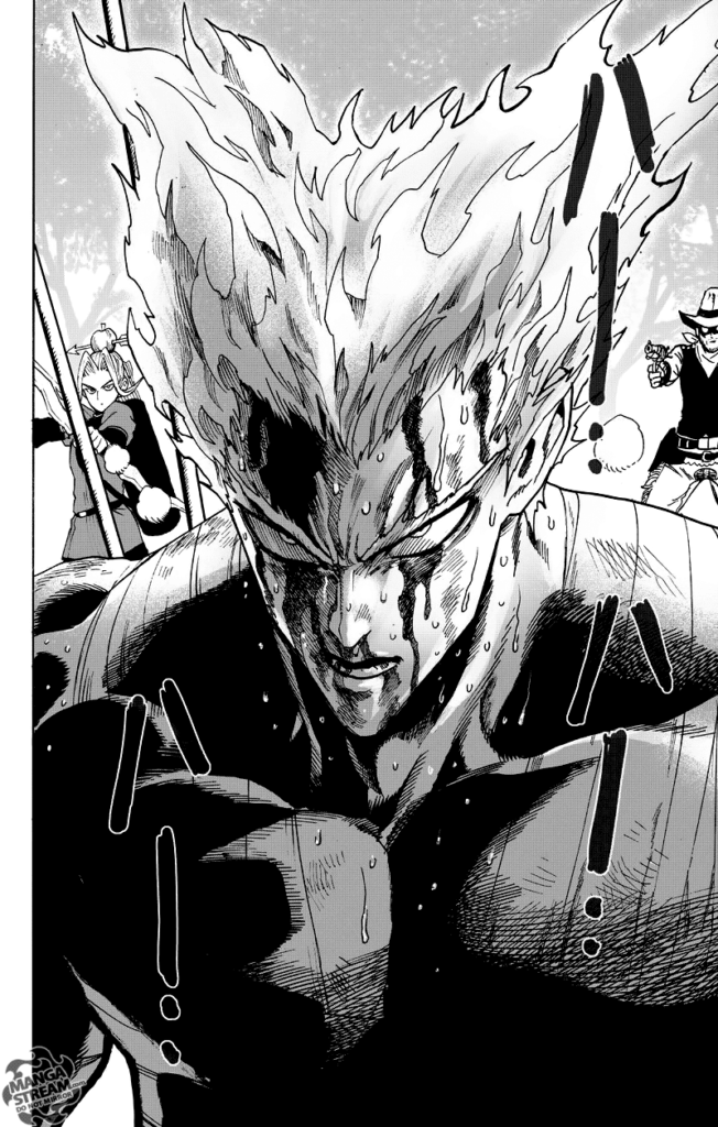 Back to the present, Garou is sweating profusely with blood on his face, and heroes are pointing their weapons behind him.