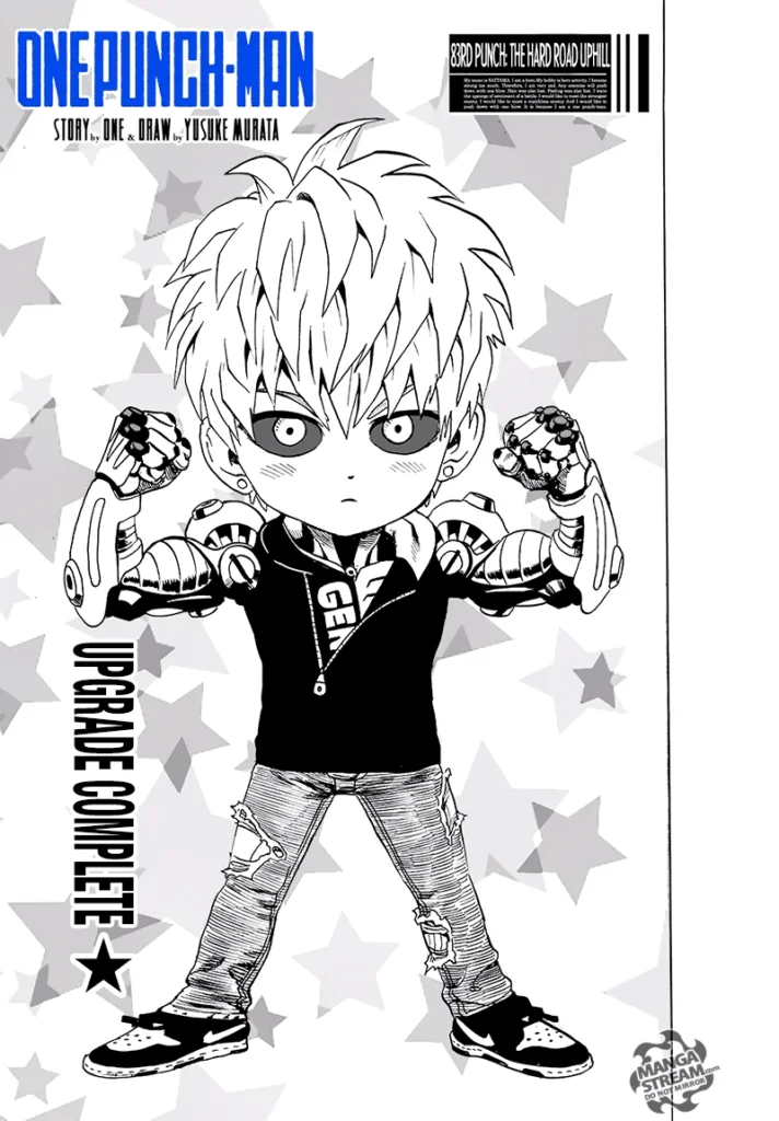 Young chibi image of cyborg Genos flexing his upgraded parts with stars behind him.