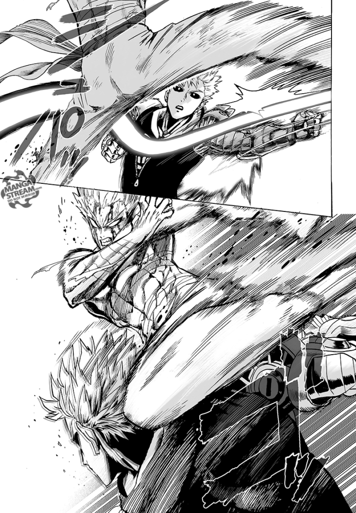 Genos looks surprised, and Garou kicks him in his neck using his knee.