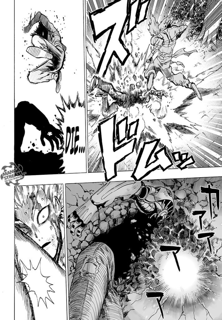 Genos falls and destroys the ground. Garou jumps and plans to follow up his attack but sees a bright light from the ground.