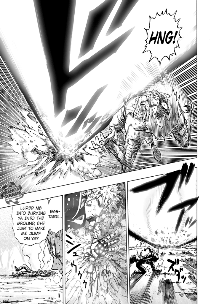 Garou dodged a massive energy blast from Genos, who lured him to jump.