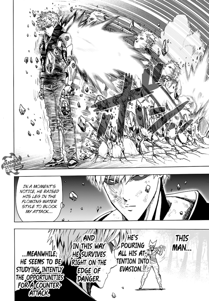 Genos stands back up using boosters from his back and analyzes Garou's movements.