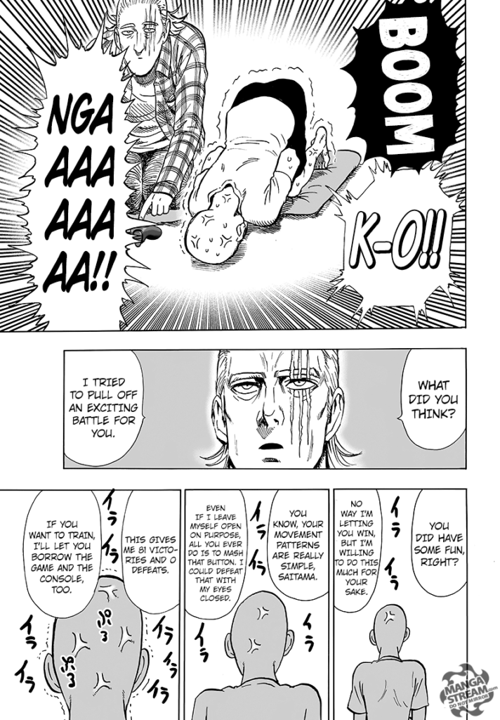 Saitama falls his head to the floor while shivering and defeated. King gives advice to him.