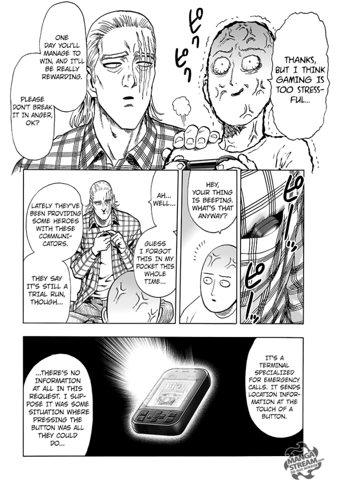 Saitama shivering with veins protruding his face while King's communication device beeps.