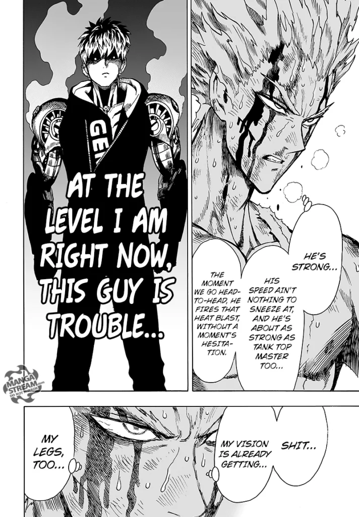 Garou realizes Genos' strength and admits he is in trouble while his vision blurs and Genos stands before him.