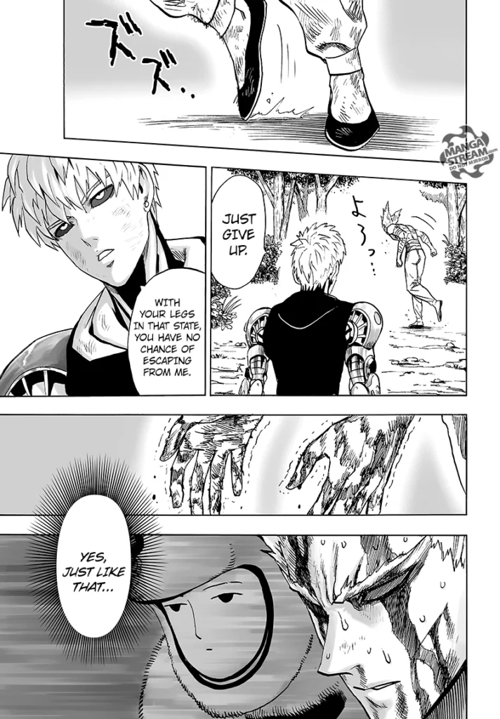 Garou starts walking but almost trips as he imagines Watchdog Man. Genos tells Garou to surrender.