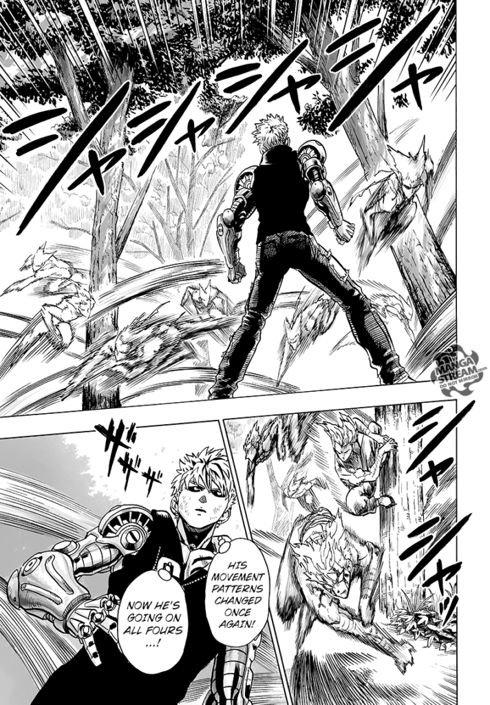 Garou jumps everywhere, creating after-images while Genos stands confused.