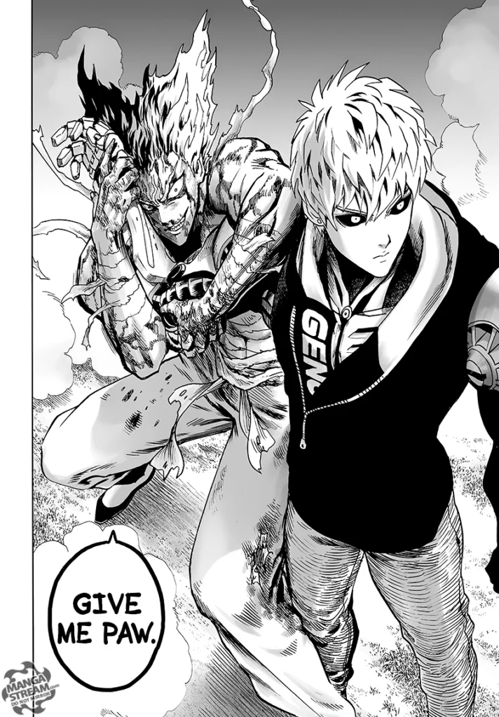 Garou suddenly appears behind Genos and grabs his arm.