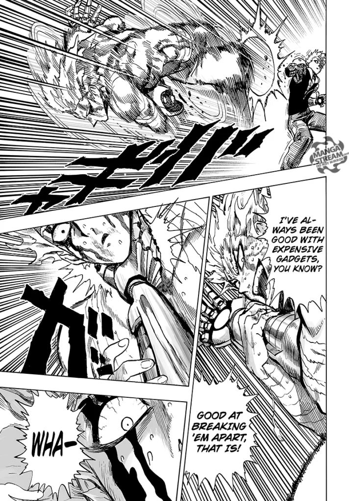 Garou removes Genos' right cyborg arm but gets surprised as the arm chokes him.