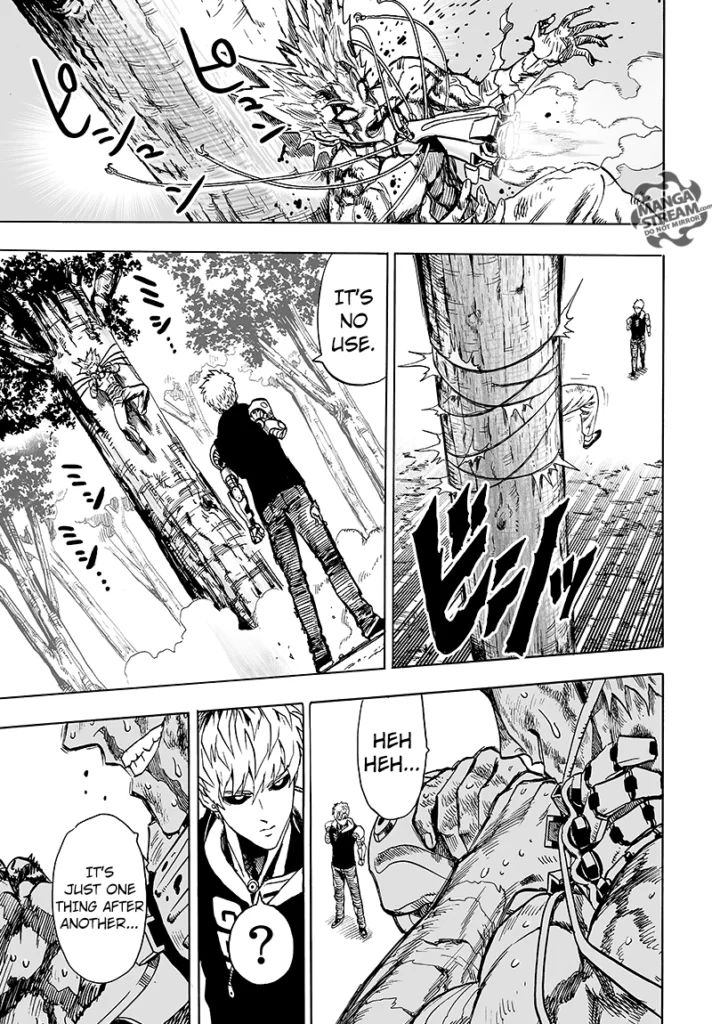 The arm dispatches wires and ties Garou around it while Genos watches him.