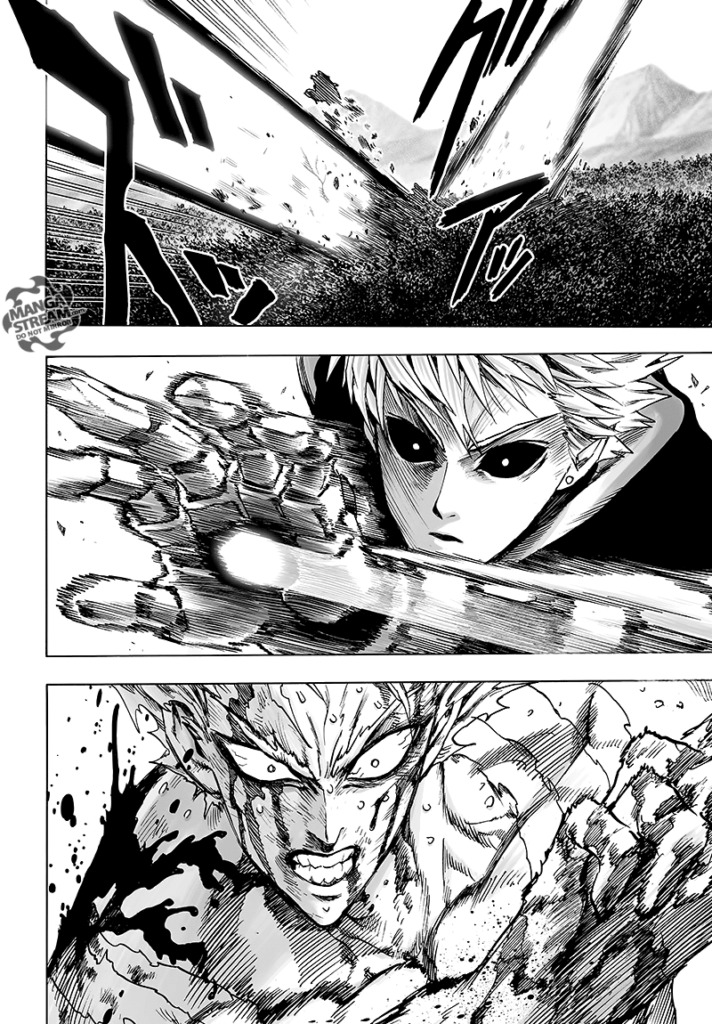 A huge energy blast shoots out of the forest as Genos and Garou fight.