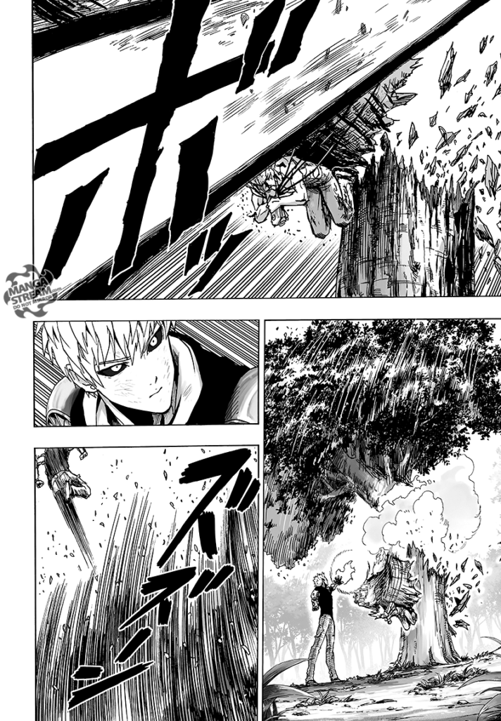 The energy blast passes Garou's head as the tree gets destroyed.