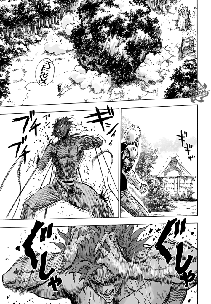 The huge tree falls down, and Genos jumps back while Garou frees himself from the wires and scratches his head.