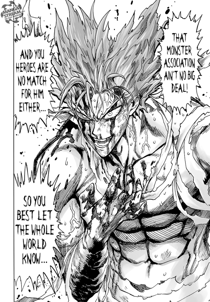 Garou, still bloody, sweating, veins protruding from his body and menacing, stands with a grin.