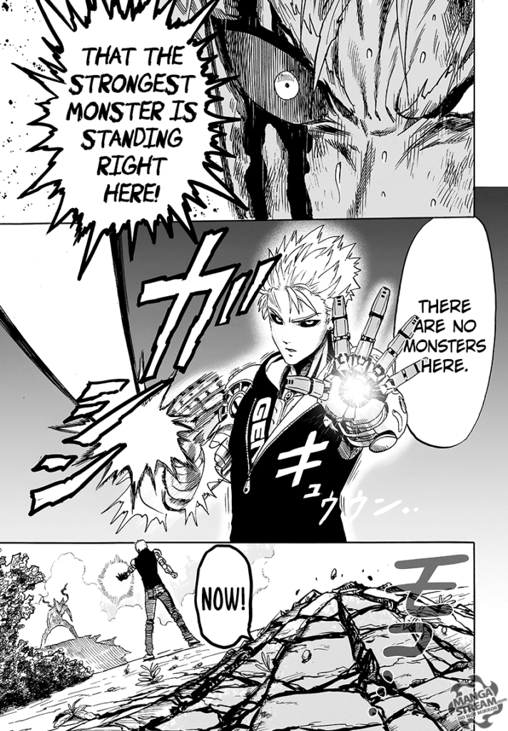 Genos reconnects his right arm and prepares another energy blast aimed at Garou. The ground breaks behind him.