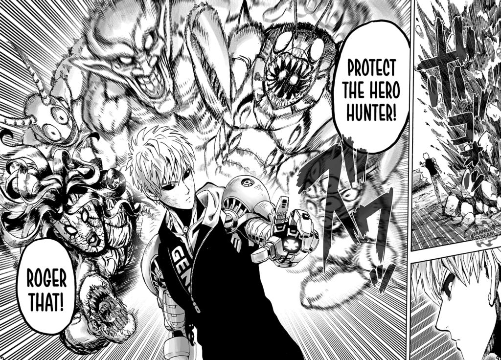 Monsters suddenly attack Genos from behind. They came from the ground and wanted to protect the hero hunter.