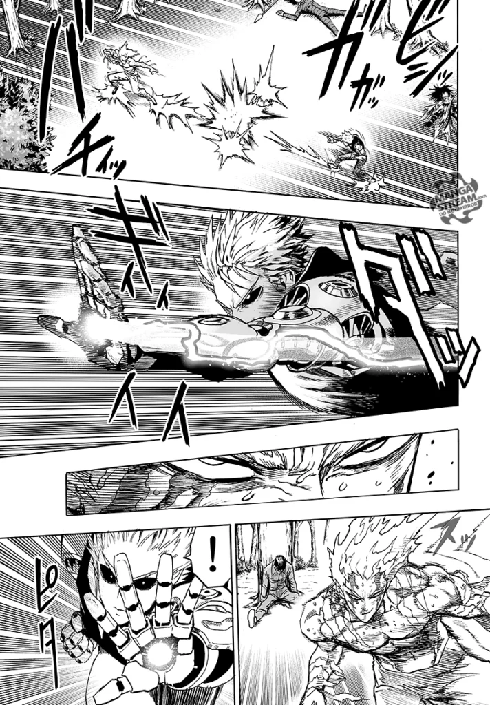 Genos attacks Garou with his palm glowing. Garou falls back and gets in front of the unconscious Glasses.
