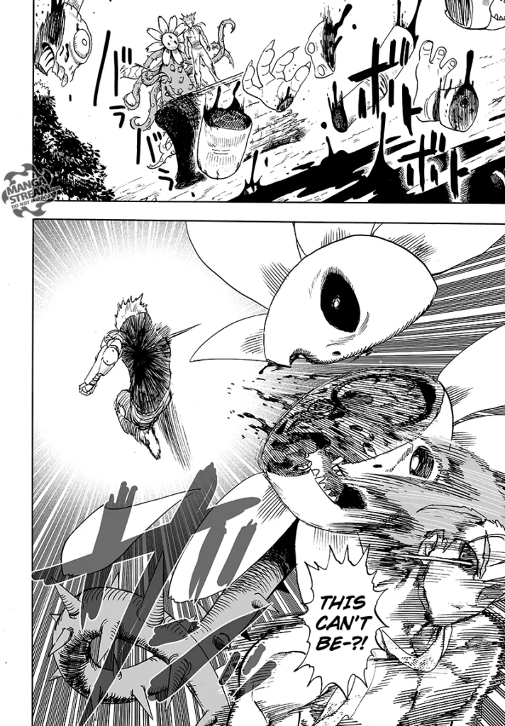 The monsters, including the sunflower monster, get cut into pieces as Genos jumps and slashes them.