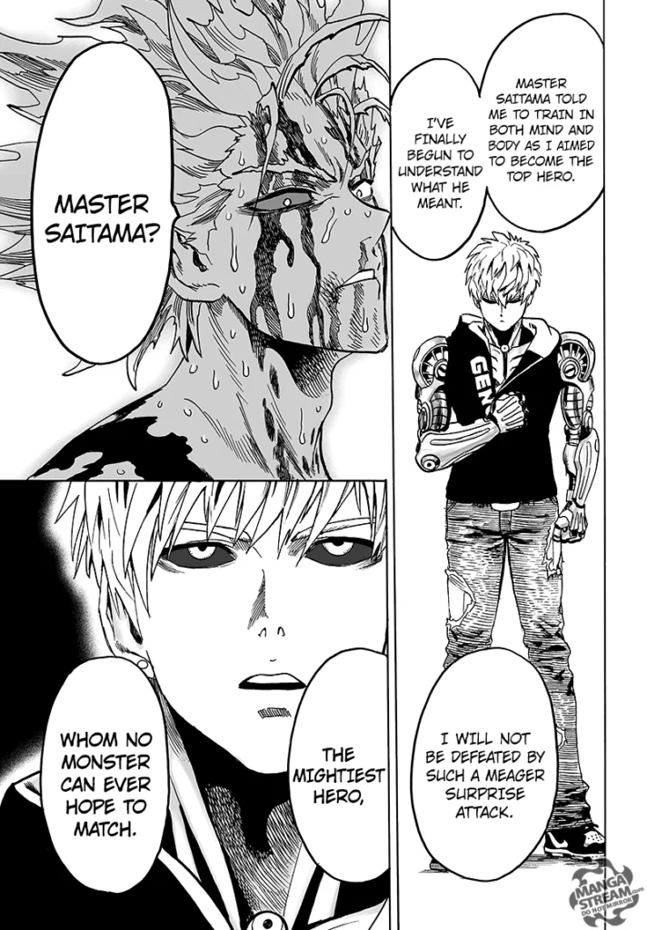 Genos stands proud and mentions his master, Saitama, while Garou looks curious about Saitama.