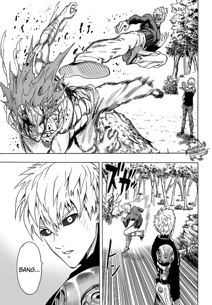 Bang suddenly appears, jumping from behind Genos and kicking Garou in the face.