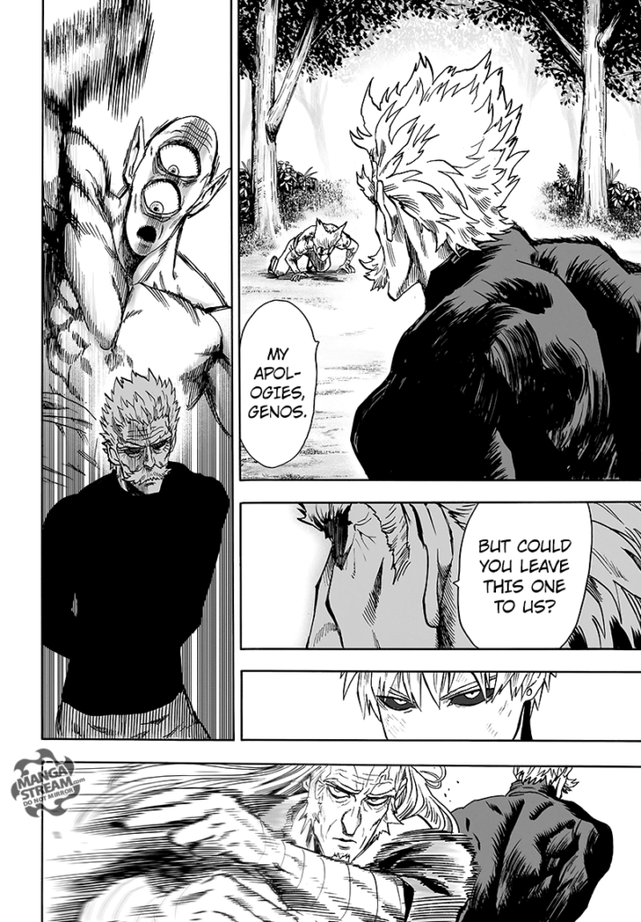 Bang tells Genos to leave this to them as another monster appears, but his brother Bomb intercepts.