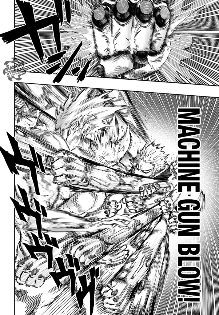 Genos attacks Garou with a series of punches called "Machine Gun Blow."