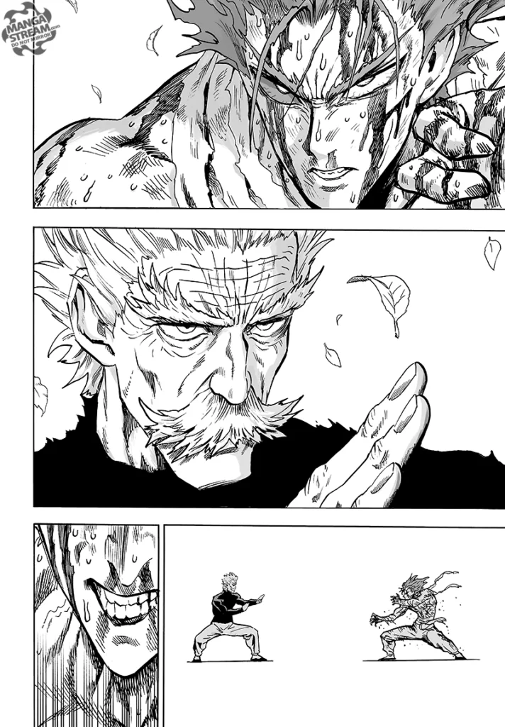 Old man Bang and the bloody, sweating Garou face off for a fight.