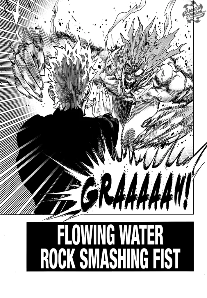 Garou attacks Bang with a hideous move. Bang counters with his "Flowing Water Rock Smashing Fist" technique.