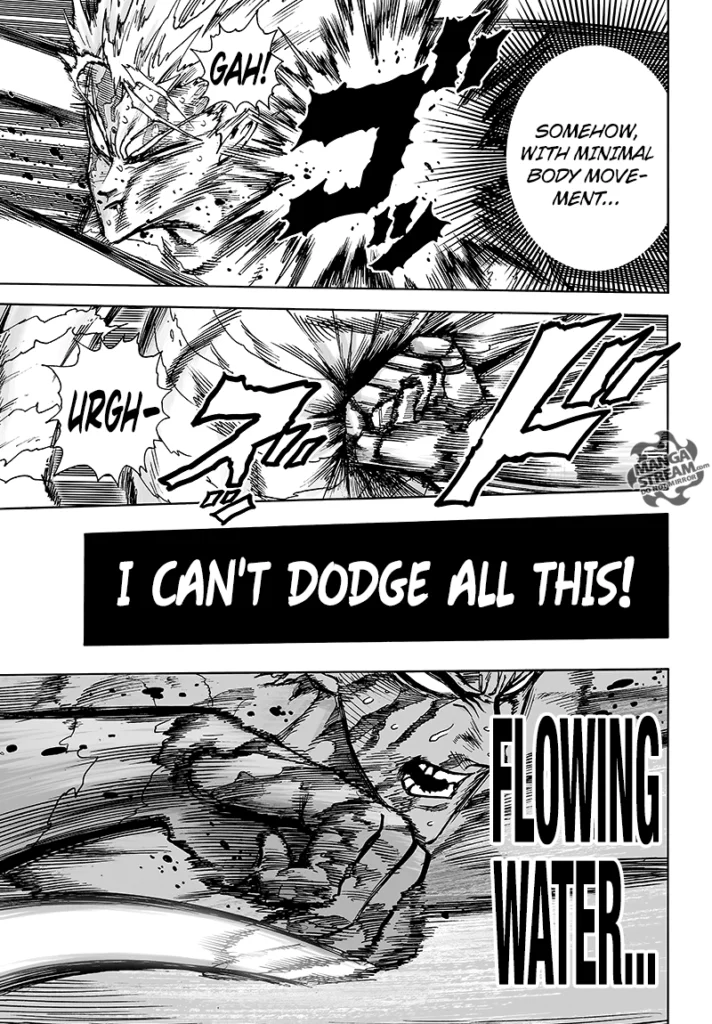 Garou gets hit with punches on his face and body and decides to counter using his "Flowing Water..." technique.