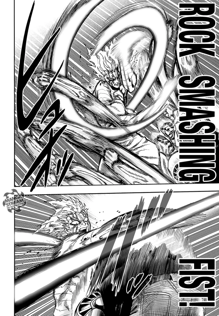 Garou counters with his "Flowing Water Rock Smashing Fist," but Genos dodges.