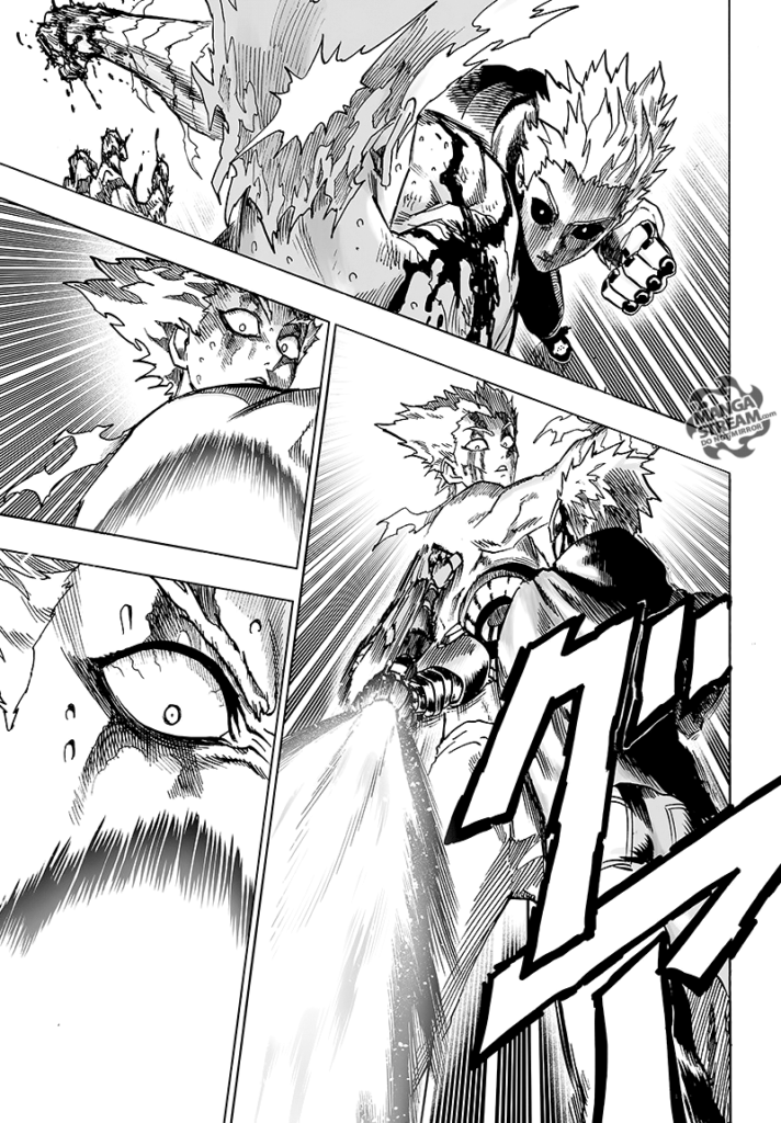 Genos gets under Garou and tries to attack with an uppercut with boosters on his cyborg elbow.