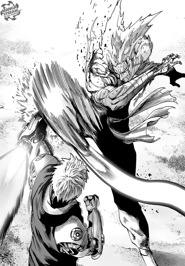 Garou deflects the uppercut punch using his knee.