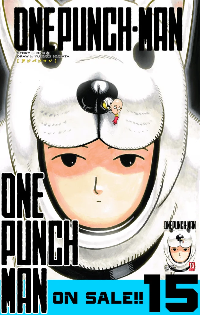 Color page of Watchdog Man with his white fur costume with a tiny Saitama crawling out of its nose.