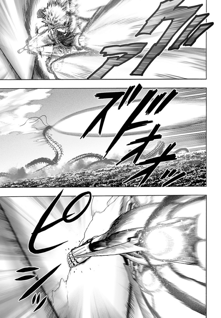 Genos powers up more boosters while Elder Centipede's tooth starts breaking.