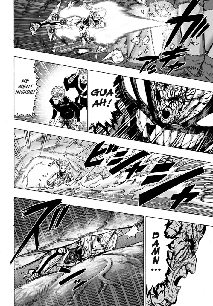 Genos gets inside the Elder Centipede's mouth and is pinched by its internal organs.