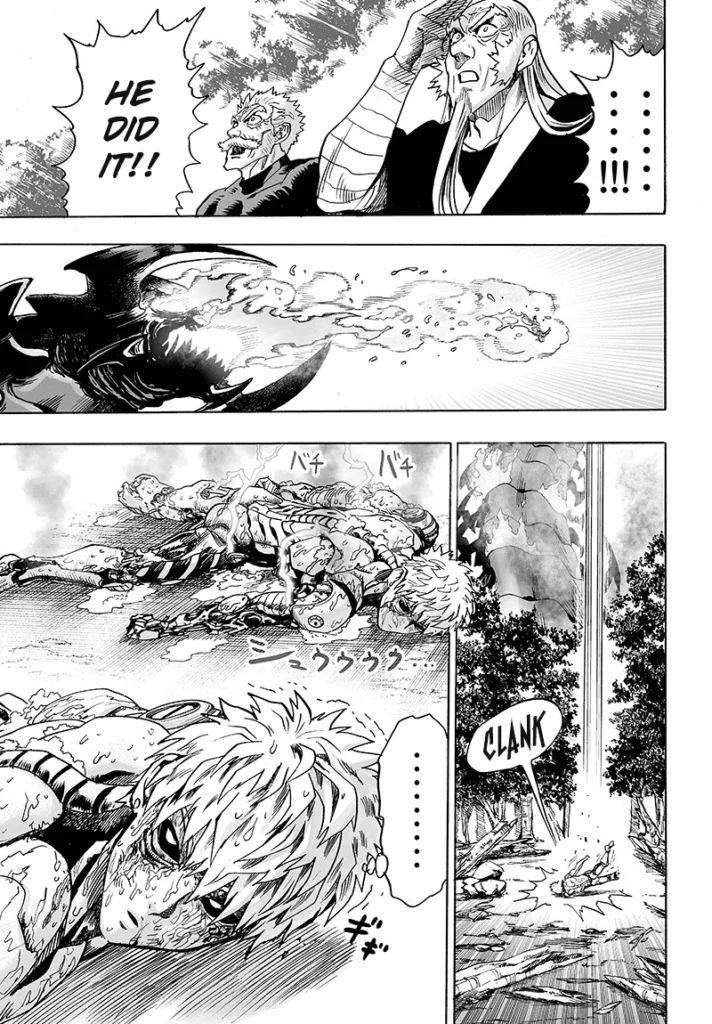 Bang and Bomb watch with awe while Elder Centipede spits Genos out, who is now covered in liquid.