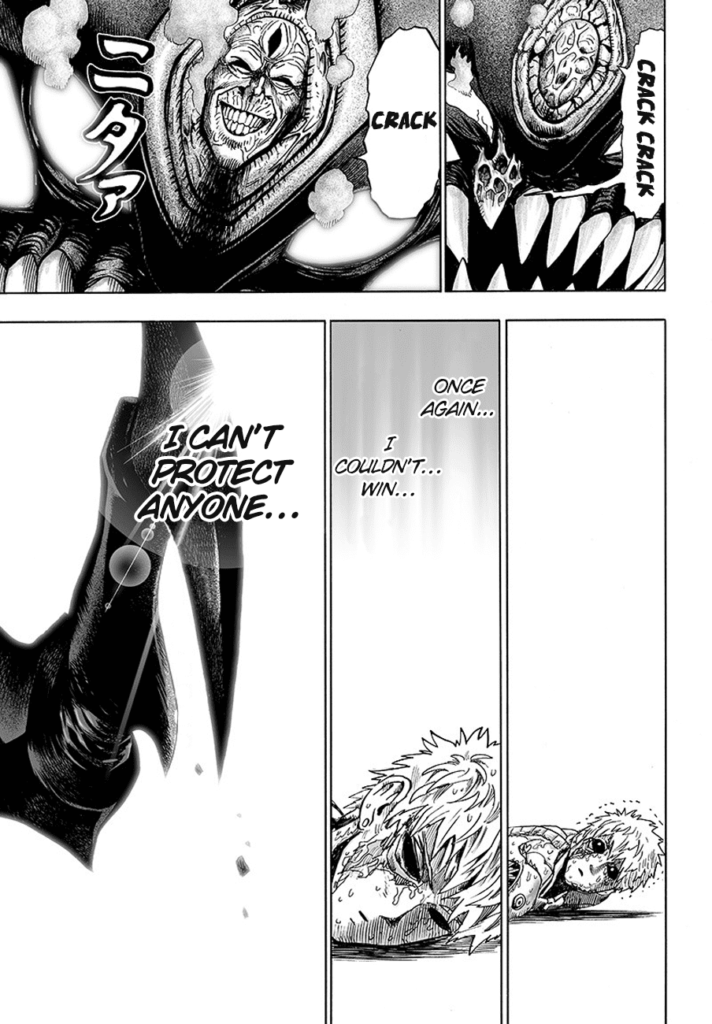 Elder Centipede grins as its broken tooth and body automatically heal and regenerate while Genos looks frustrated.