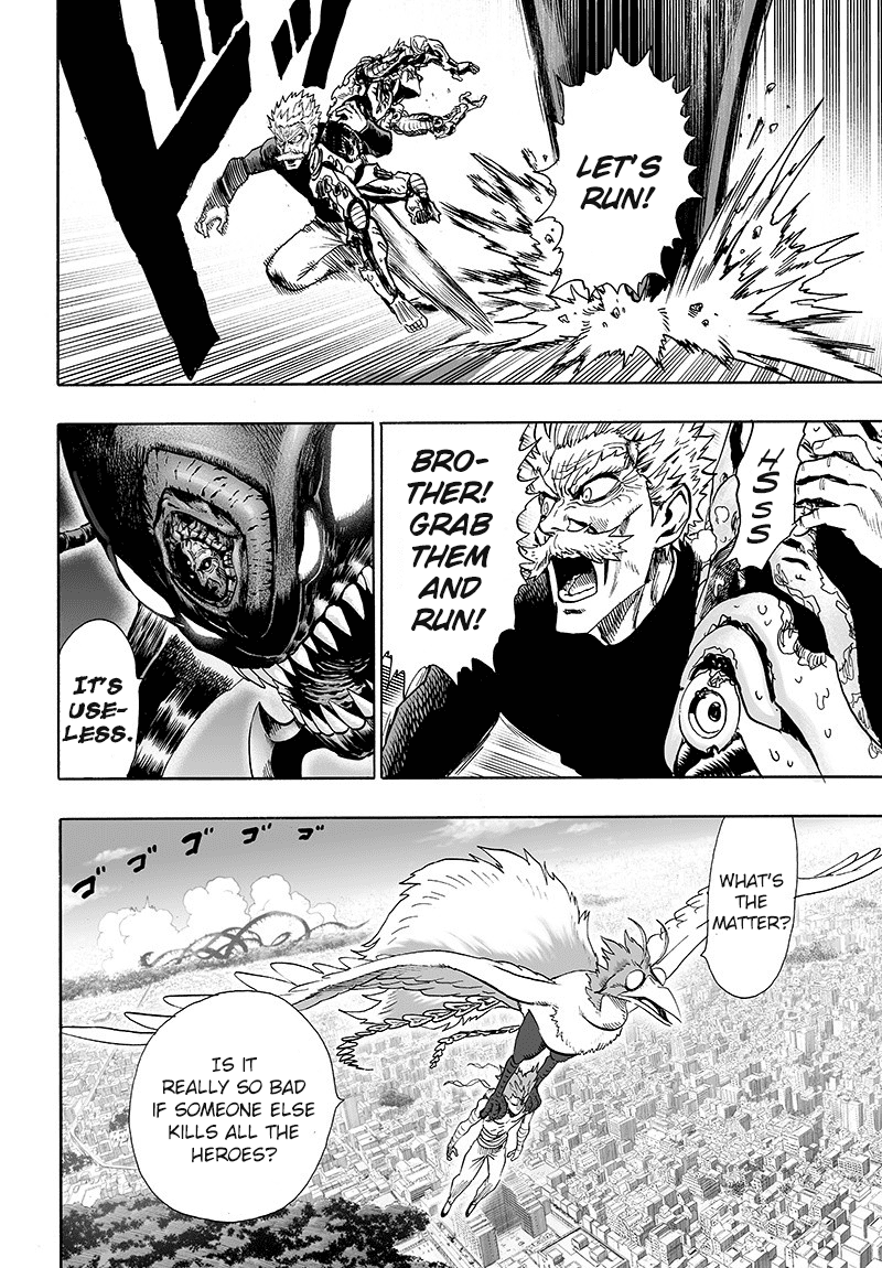 Bang jumps and rescues Genos against Elder Centipede's claw strike. Cut to the scene, Garou & the bird talk.