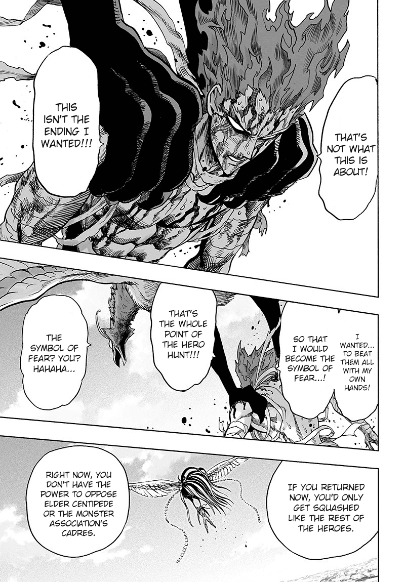 The monster bird still flies with Garou over the city as Garou tells him he wants to become a symbol of fear.