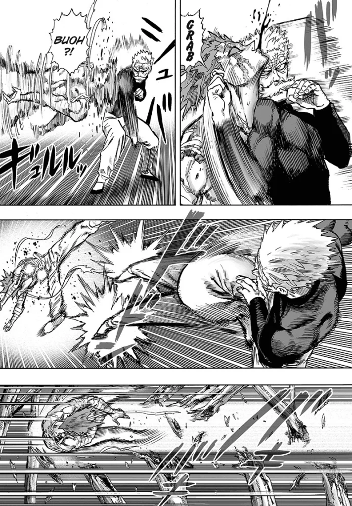 Bang flips Garou and kicks him, sending him flying and destroying the nearby trees.