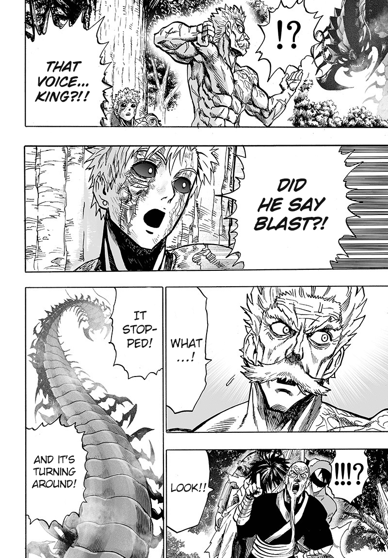 Bang, Bomb, and Genos recognized King's voice, and Elder Centipede turned around.